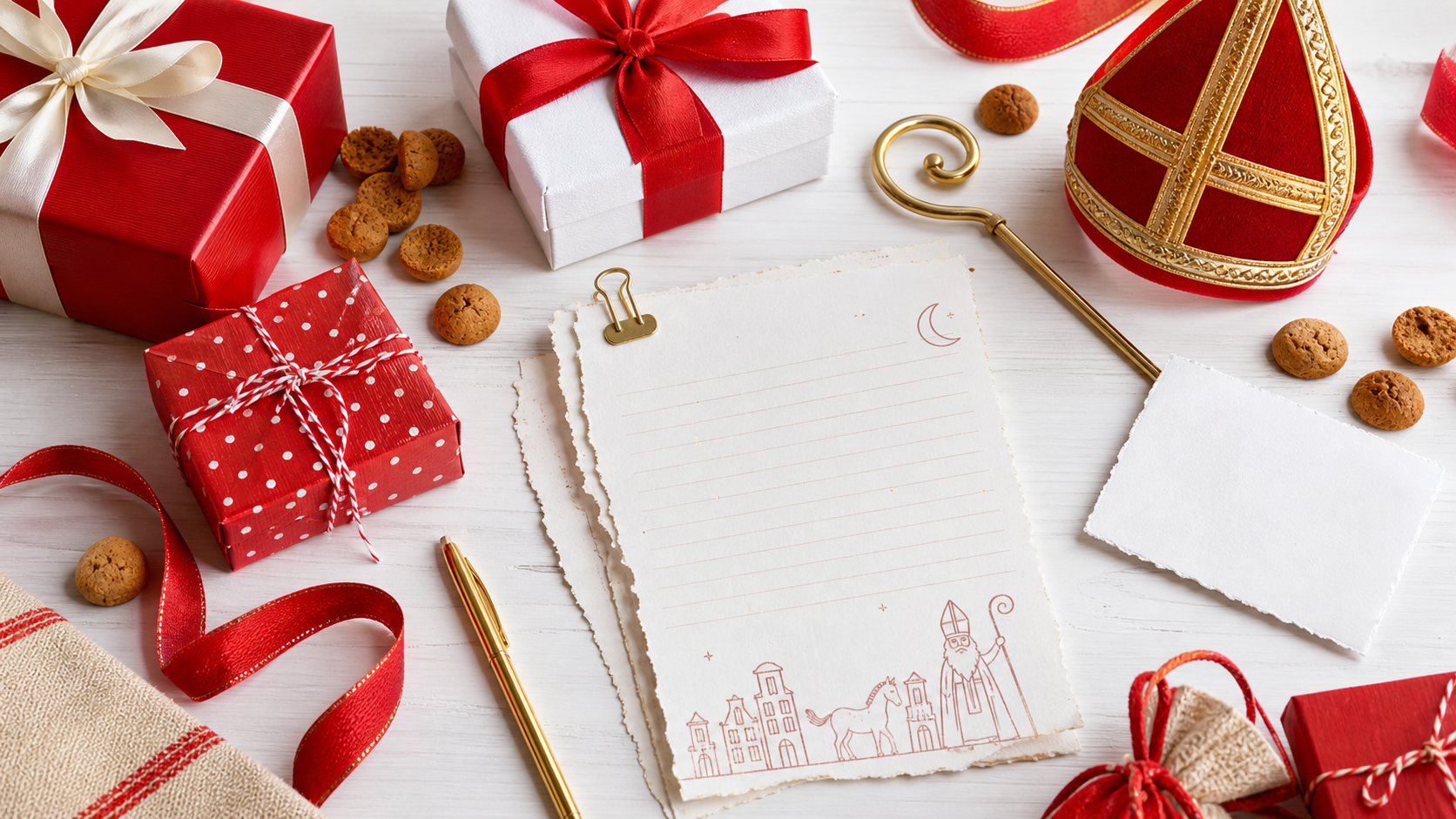 Sinterklaasbrief met cadeaus, pen en rood lint