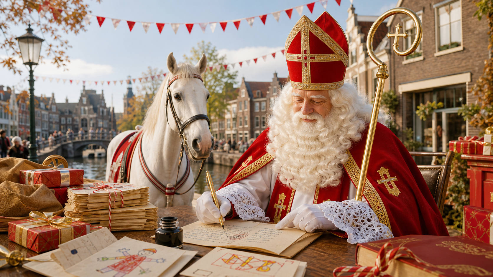 Sinterklaas schrijft een gedicht naast cadeaus en een wit paard