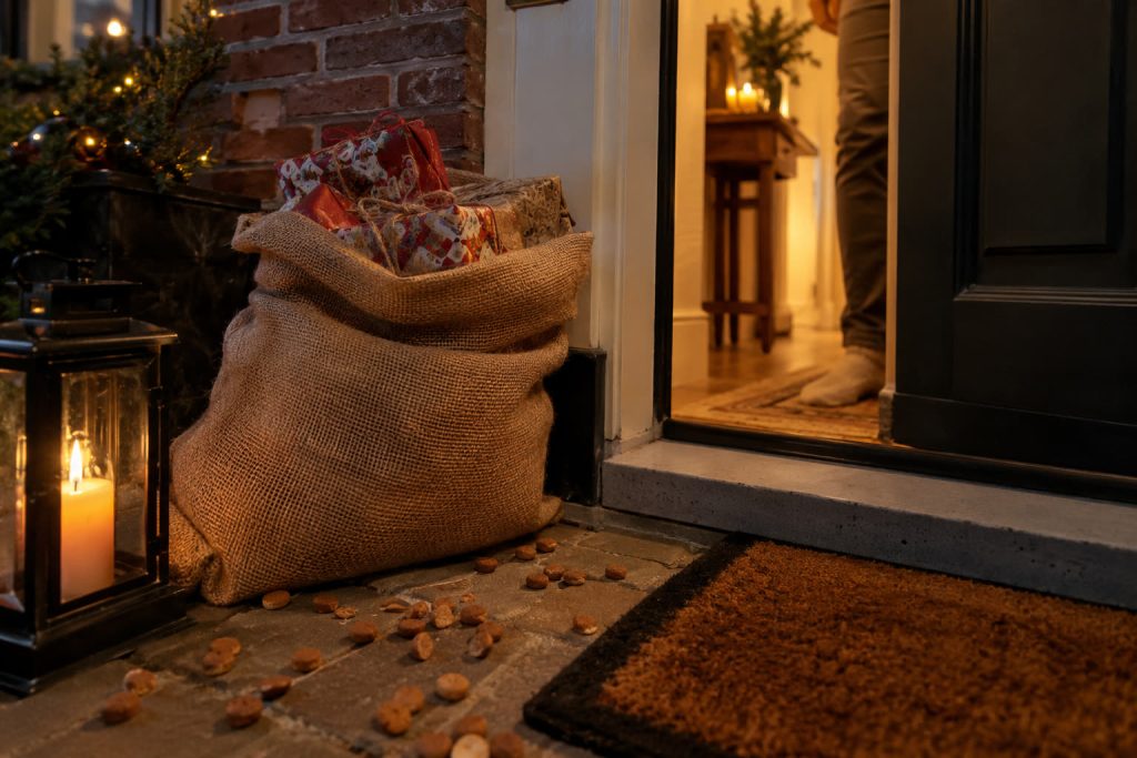 Jutezak vol pakjes bij de voordeur in de avond, pepernoten op de vloer, warm licht in de gang