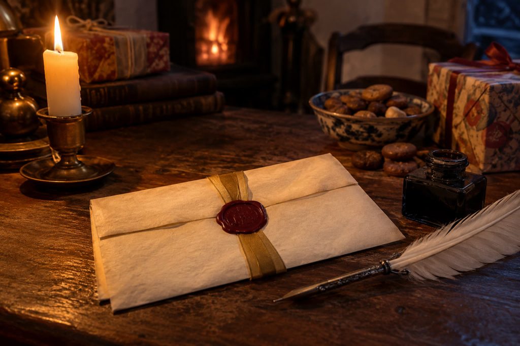 Brief op crèmekleurig papier met rode lakzegel en gouden lint naast een veer en een inktpot