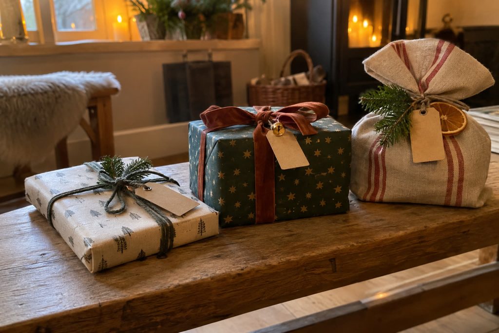 Rij verschillend gevormde pakjes met papieren labels op een houten bank, zacht daglicht