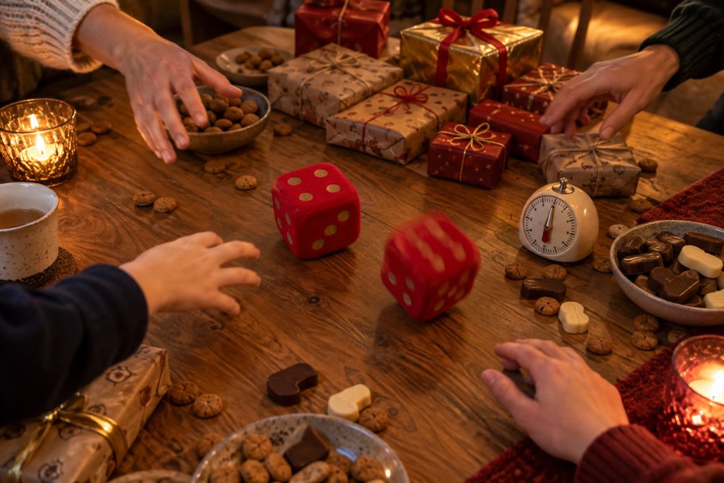 Twee rode dobbelstenen rollen over een tafel vol pakjes, pepernoten en een kookwekker