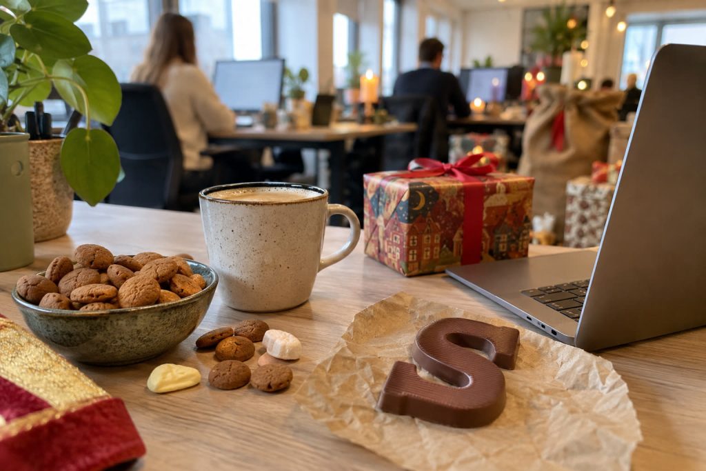 Bureau met een klein pakje, een koffiemok, een chocoladeletter en pepernoten naast een laptop