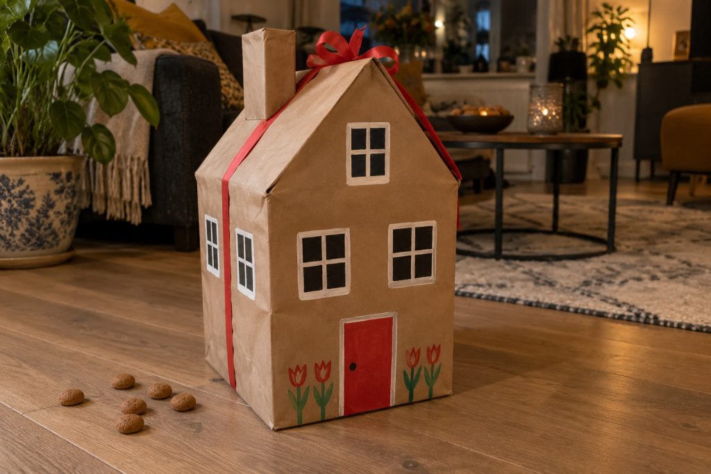 Grote zelfgemaakte surprise in de vorm van een kartonnen huis met geschilderde ramen en een rood lint